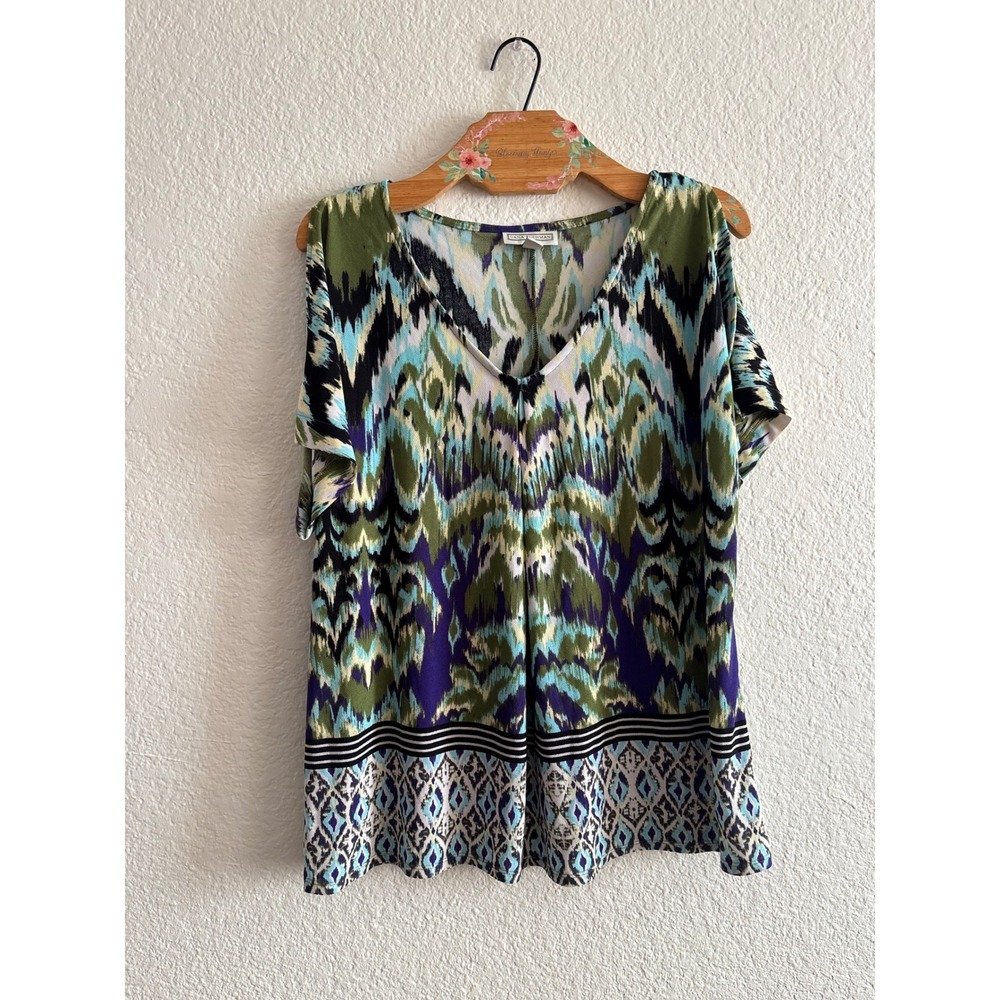 Dana Buchman Top Size M Green Blue Ikat Print Cold‎ Shoulder V-Neck Short Sleeve